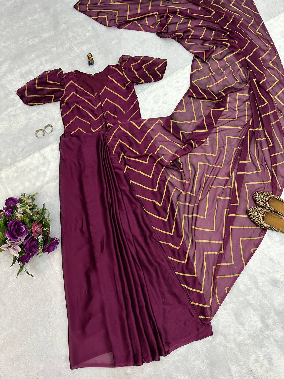 1 Min Rangoli Silk Stitched Gown Saree