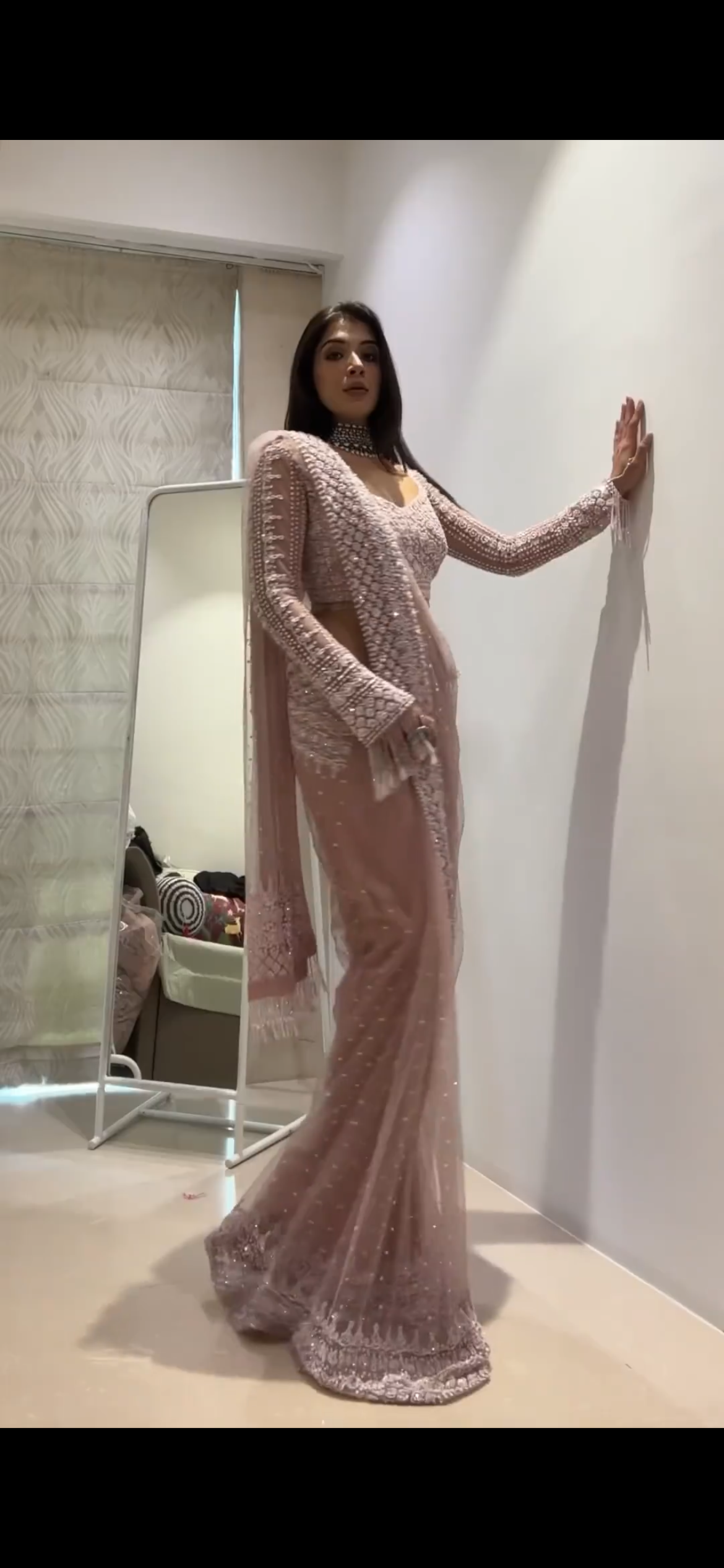 Onion Color Soft net Embroidery Work Saree
