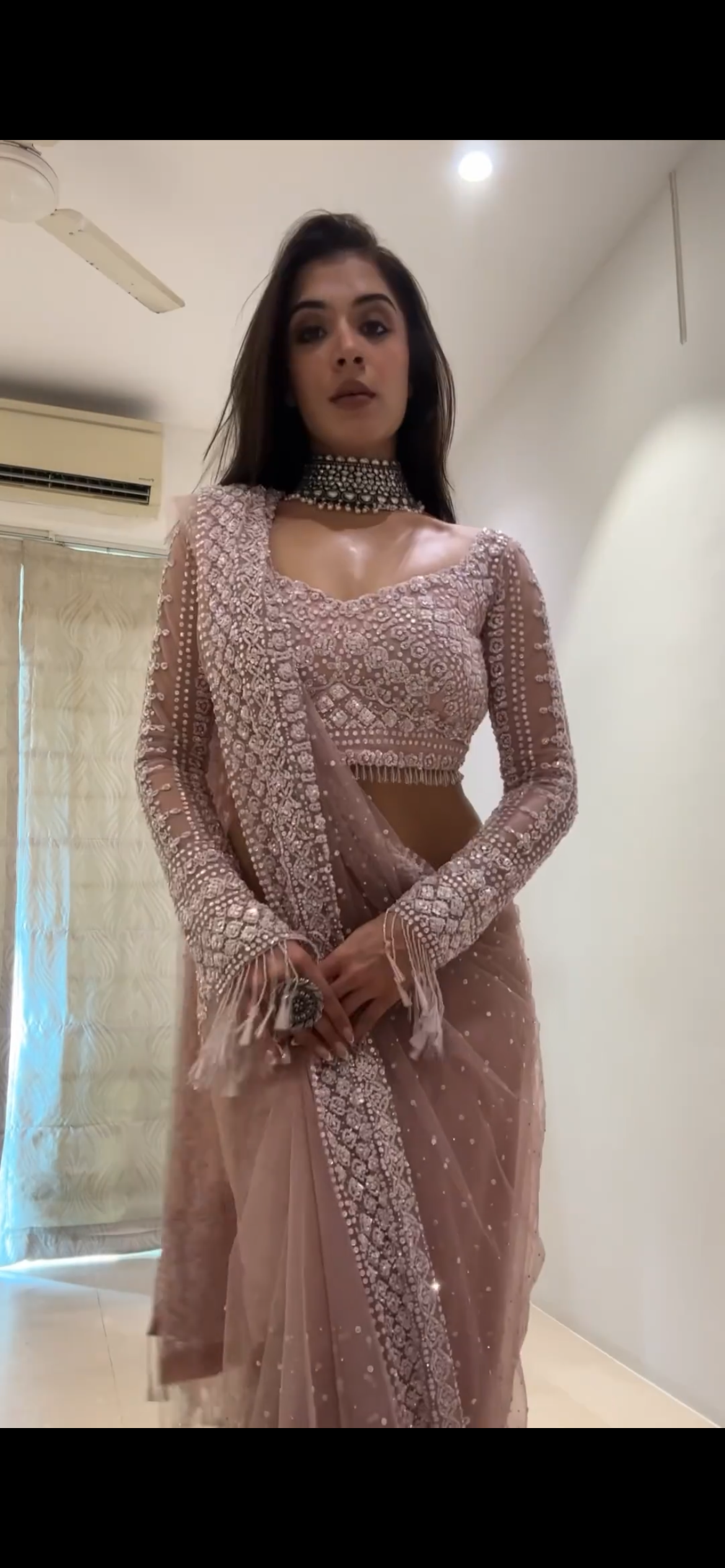 Onion Color Soft net Embroidery Work Saree