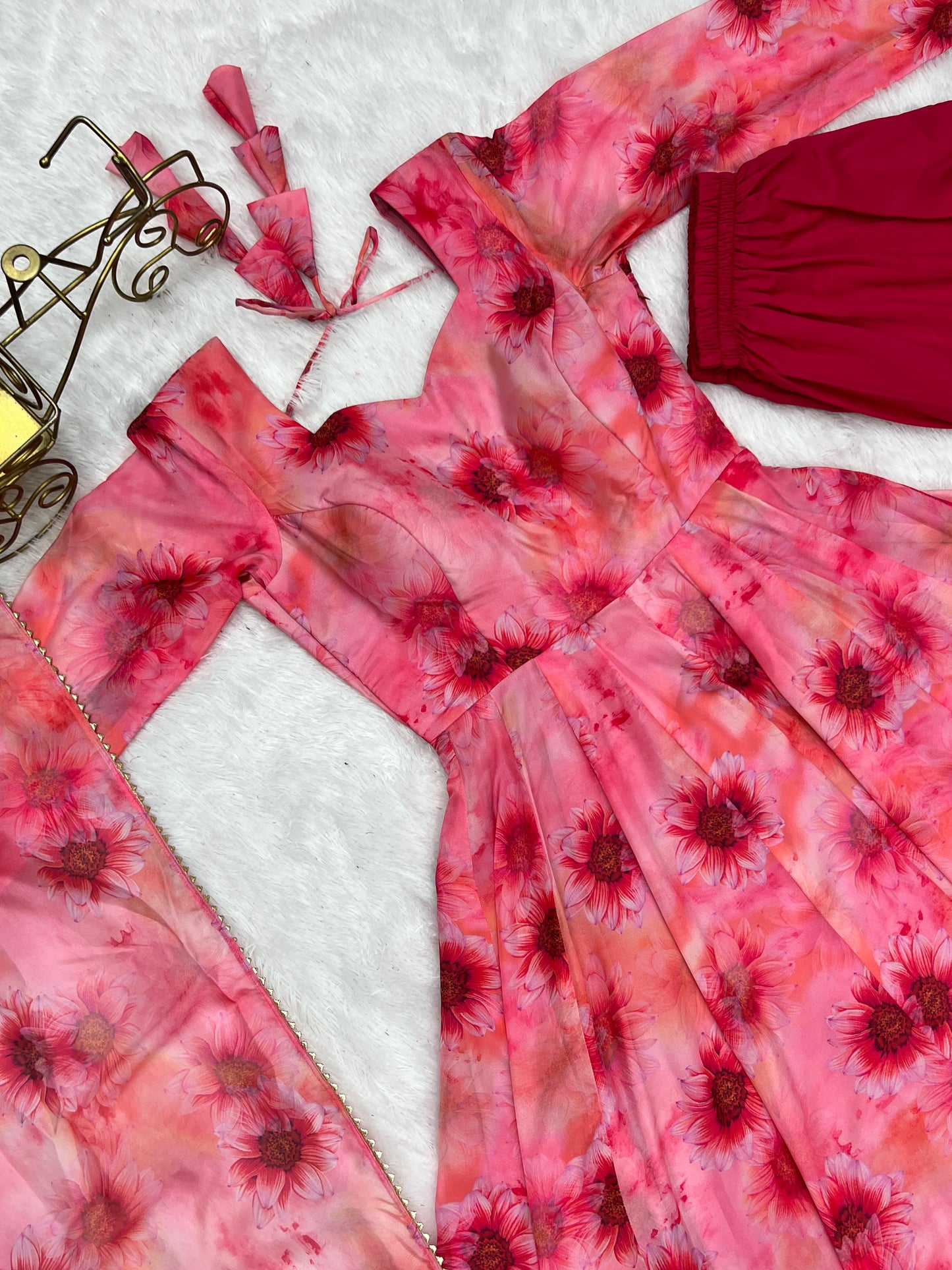 Pink Organza Silk Floral Printed Gown