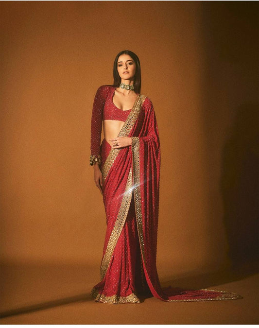 Red Color Georgette Heavy Border Work Saree
