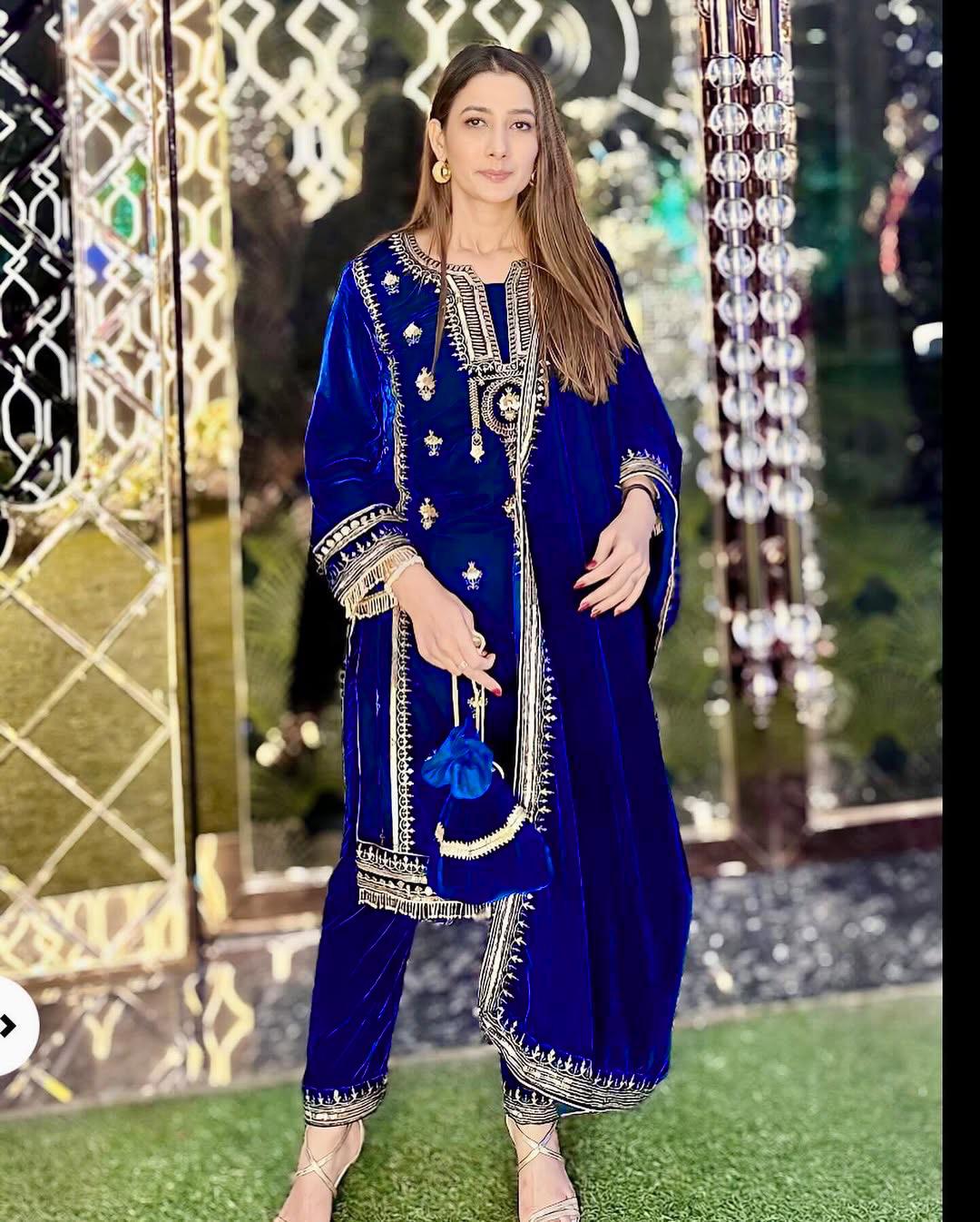 Blue Color Velvet Machin Work Ready to Wear Suit For Women