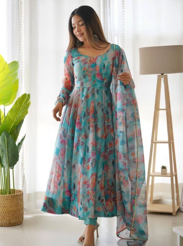 Party Wear Black Color Organza Silk Printed Readymade Gown For Girls