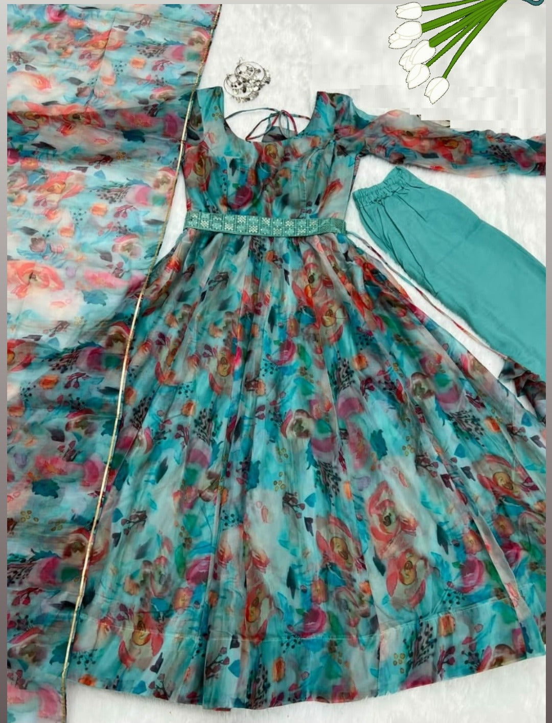 Party Wear Black Color Organza Silk Printed Readymade Gown For Girls
