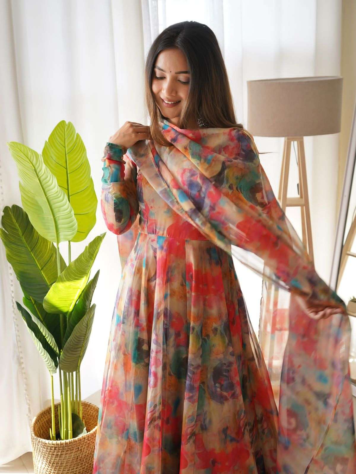 Party Wear Black Color Organza Silk Printed Readymade Gown For Girls