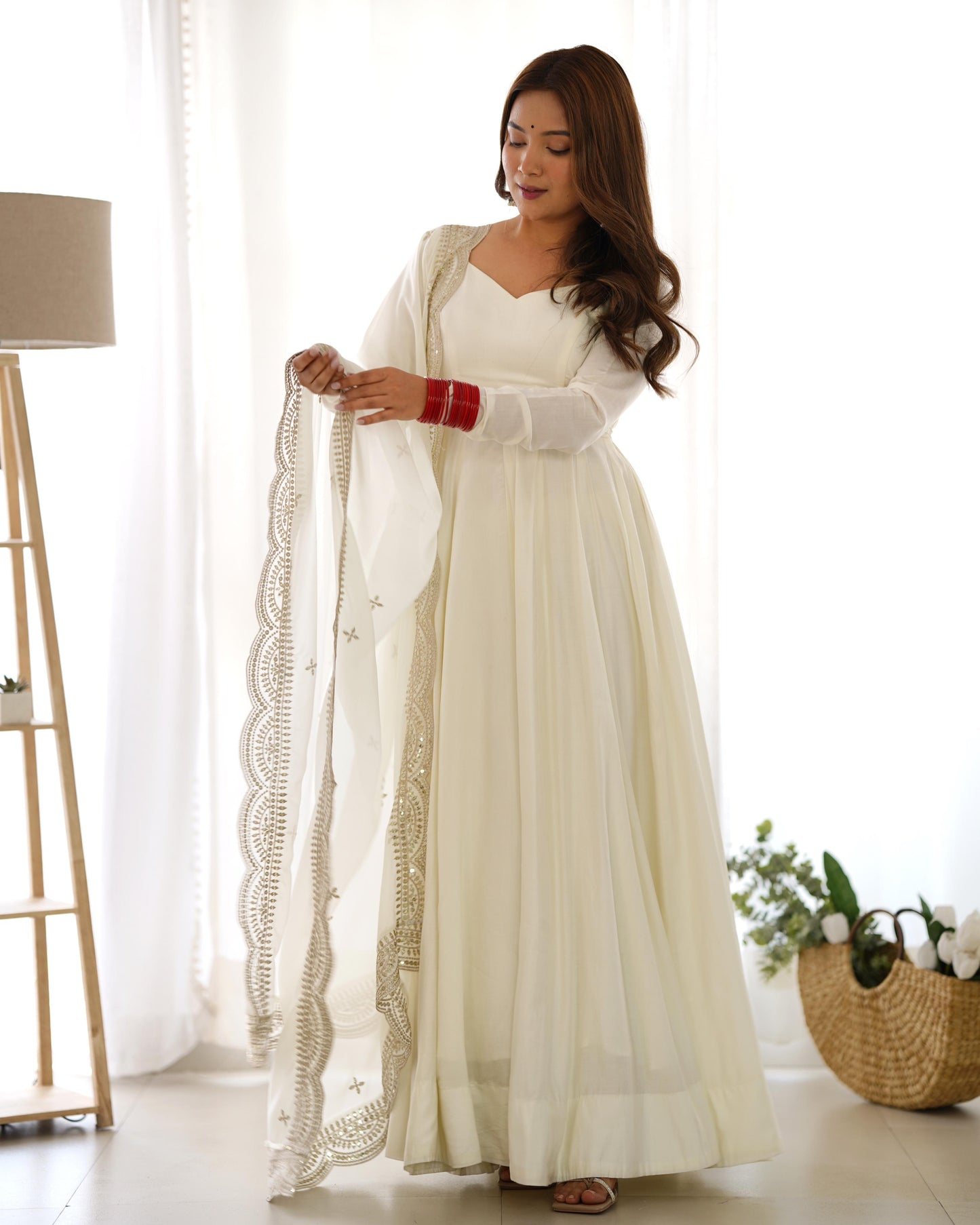 Off White Chanderi Silk Stitched Anarkali Gown with Fancy Cut Work Dupatta