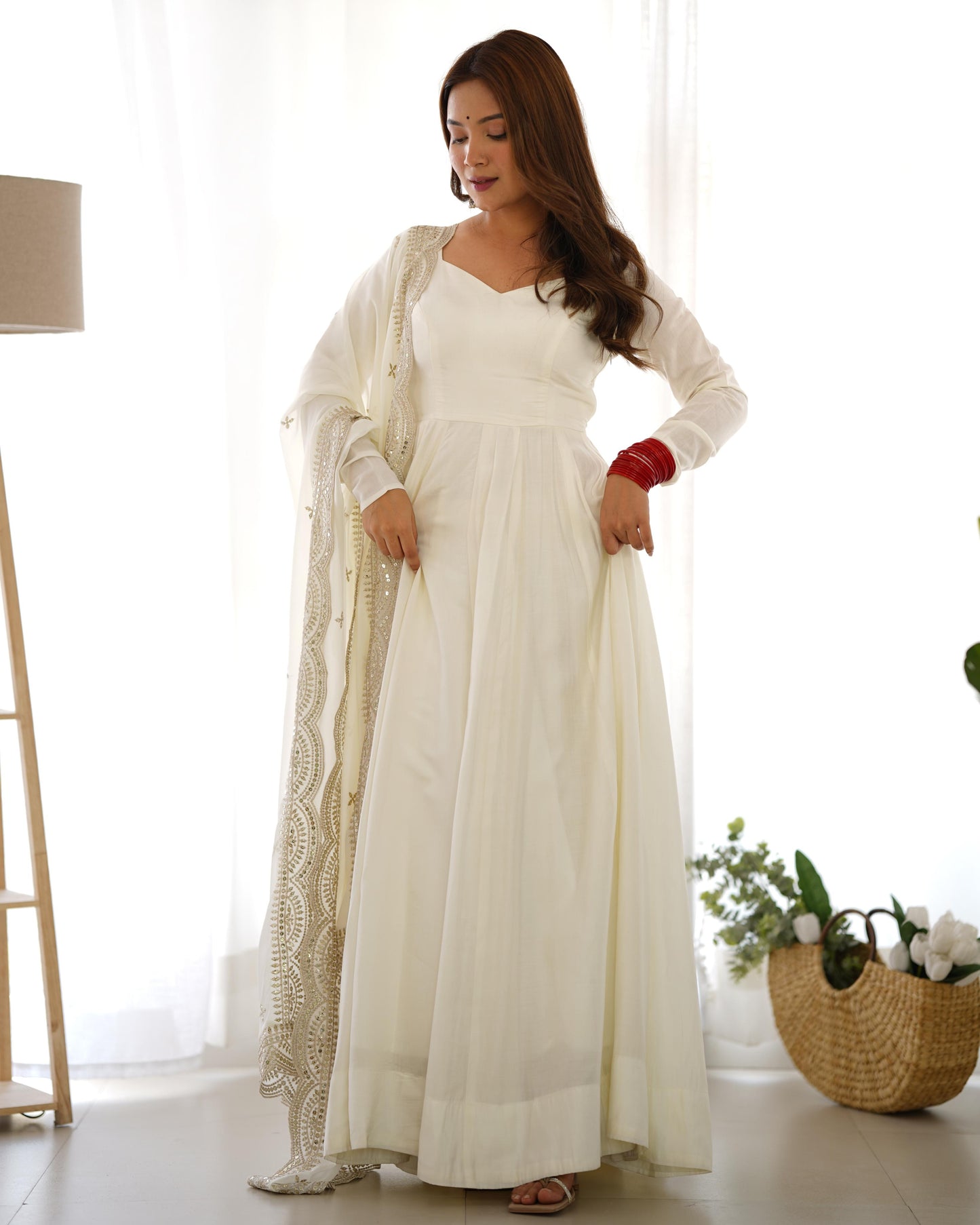 Off White Chanderi Silk Stitched Anarkali Gown with Fancy Cut Work Dupatta
