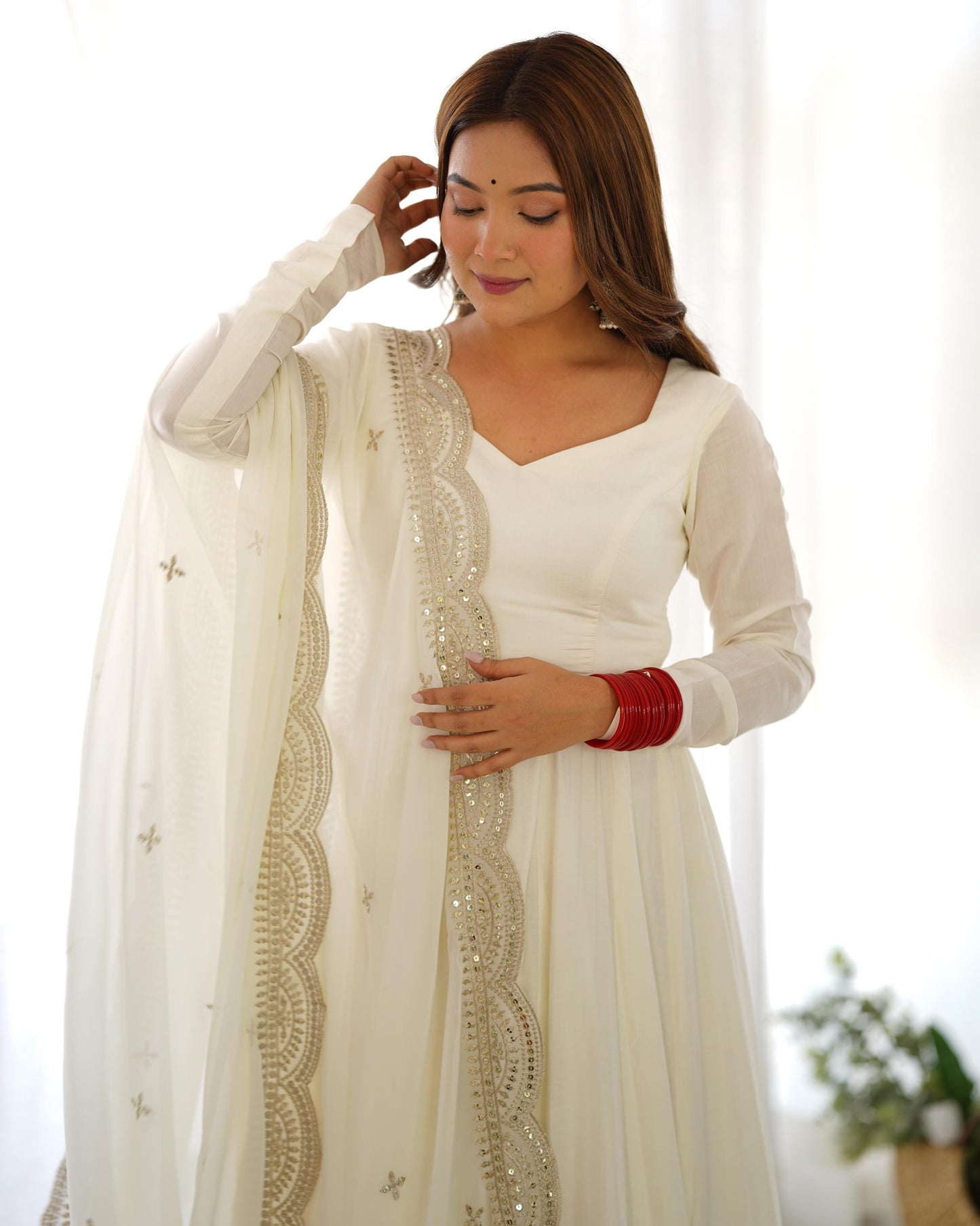 Off White Chanderi Silk Stitched Anarkali Gown with Fancy Cut Work Dupatta