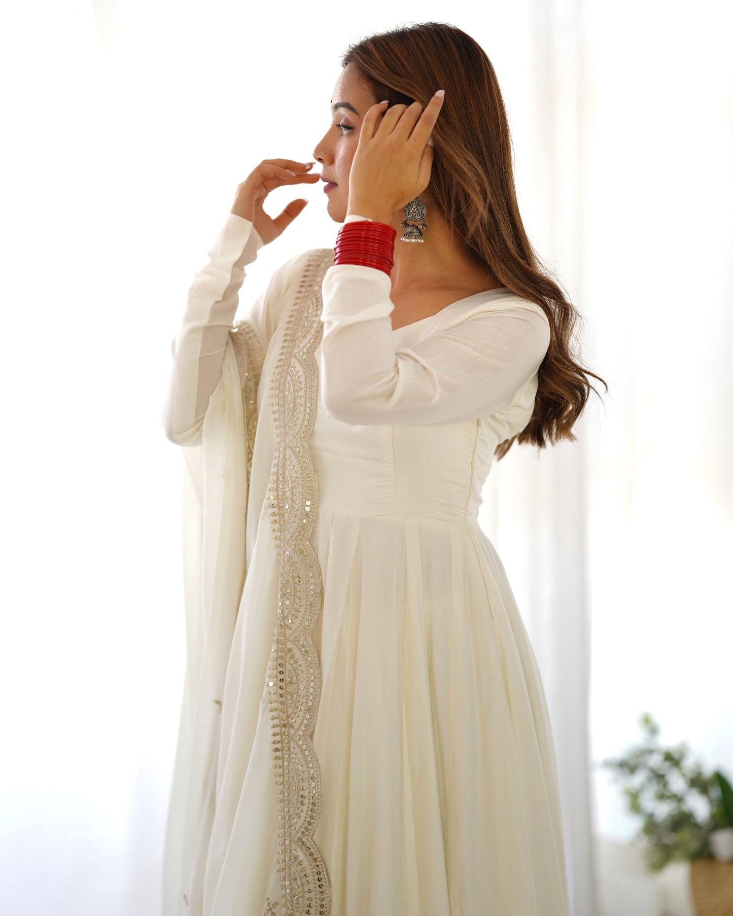 Off White Chanderi Silk Stitched Anarkali Gown with Fancy Cut Work Dupatta