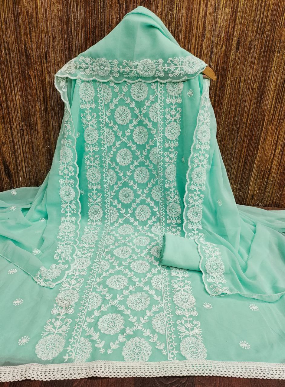 Georgette White Thread Embroidered Dress Material