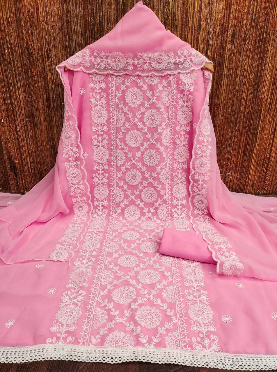 Georgette White Thread Embroidered Dress Material
