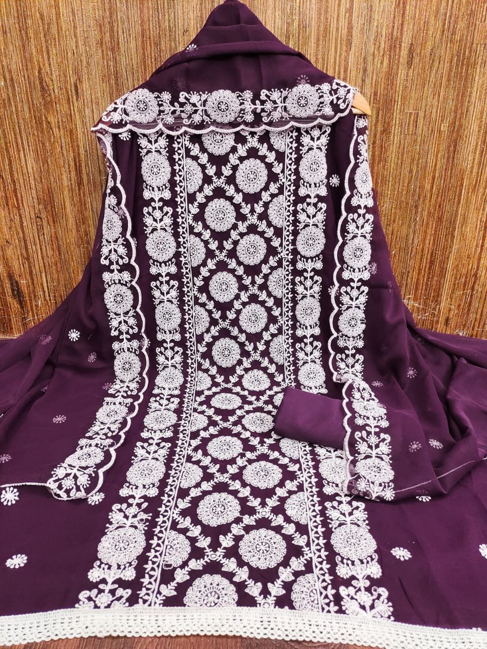 Georgette White Thread Embroidered Dress Material