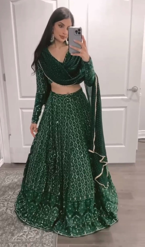 GREEN EMBROIDERED DESIGNER LEHENGA CHOLI WEDDING WEAR