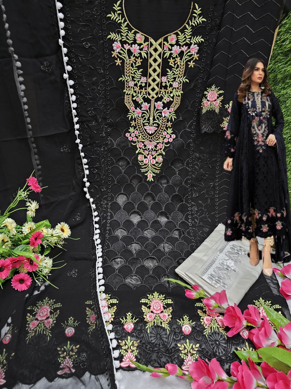 Party Wear Black Straight Cut Semi Stitched Embroidered Dress