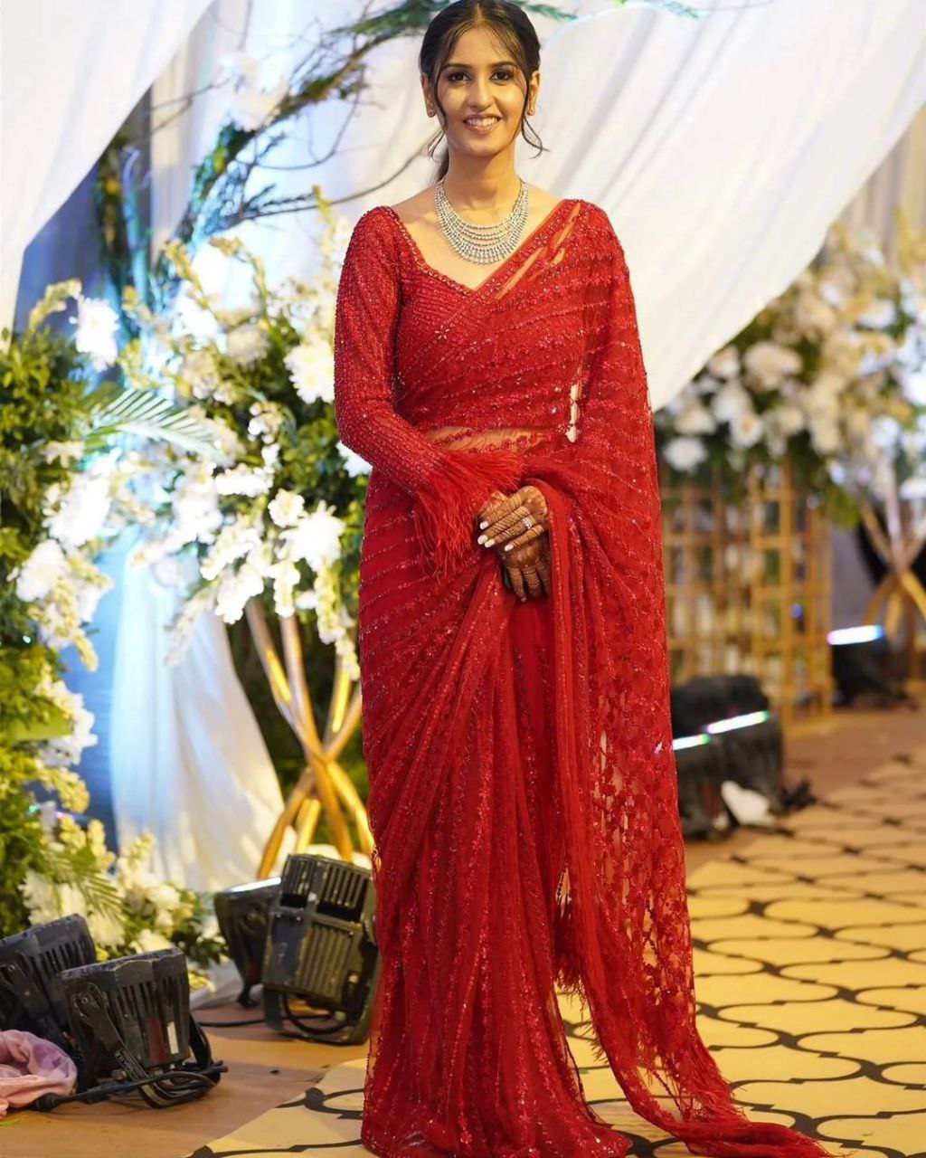 Red Colour Mono Net Sequence Embroidary Worked Party Wear Saree With Unstiched Blouse