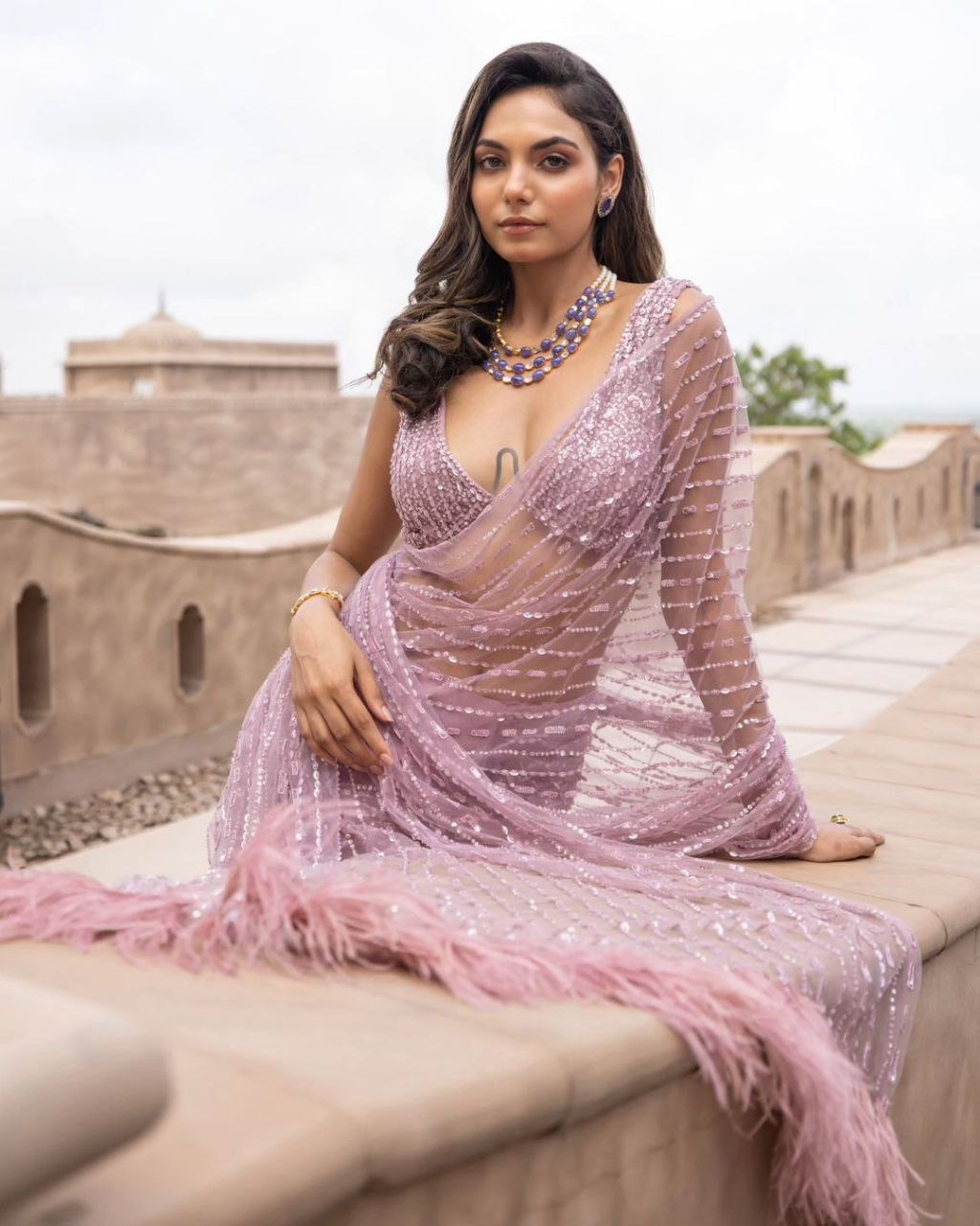 Onion Color Soft Net Sequence Pattern Saree with Blouse Work