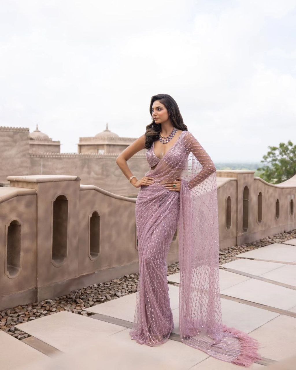 Onion Color Soft Net Sequence Pattern Saree with Blouse Work