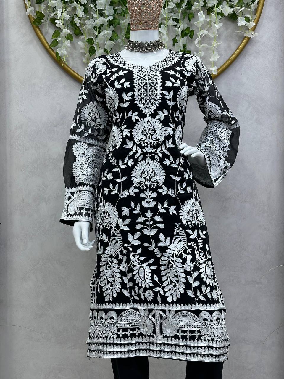Beautiful Designer Black Suit On Heavy Georgette Fabric With Chain-Stitch Work And Pent