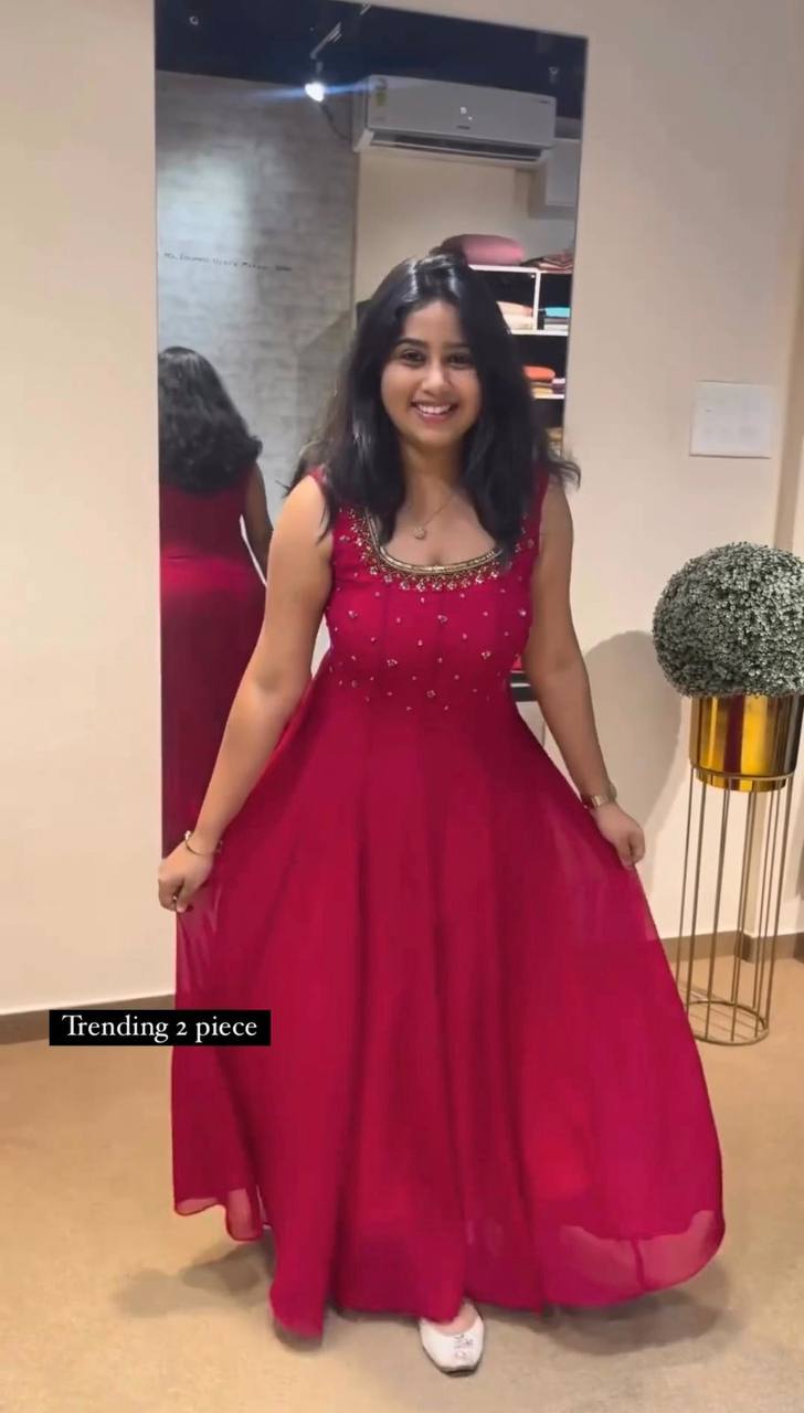 Beautiful Georgette Fabric Thread Work Gown With Shrug