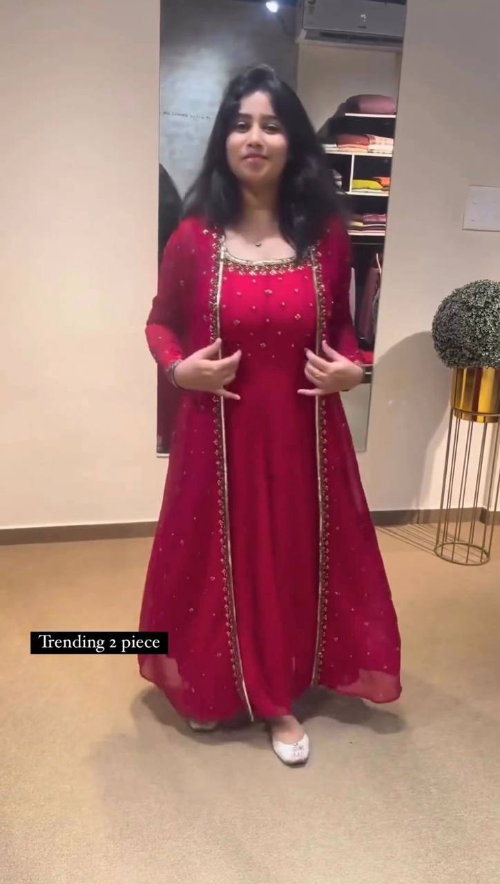 Beautiful Georgette Fabric Thread Work Gown With Shrug