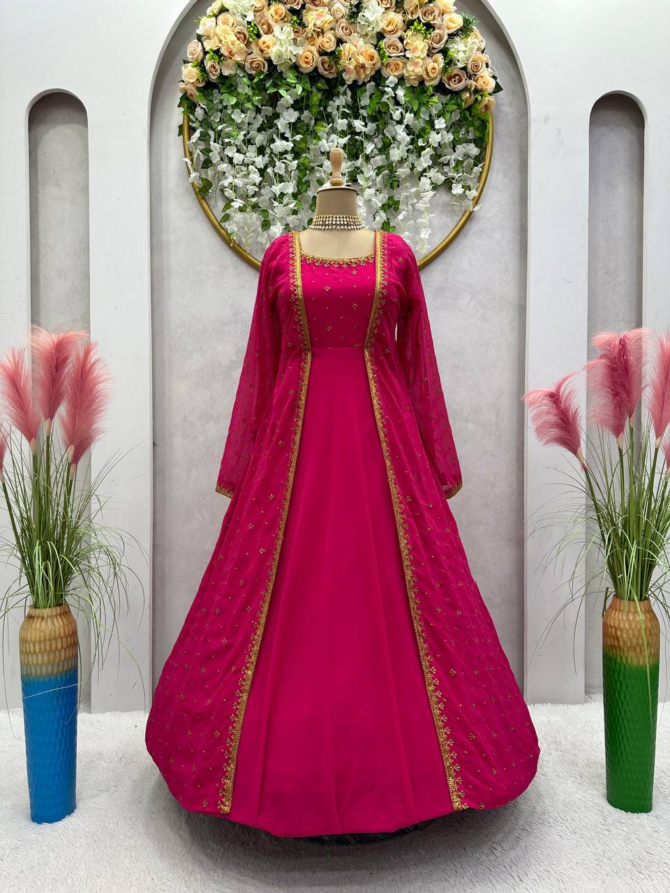 Beautiful Georgette Fabric Thread Work Gown With Shrug