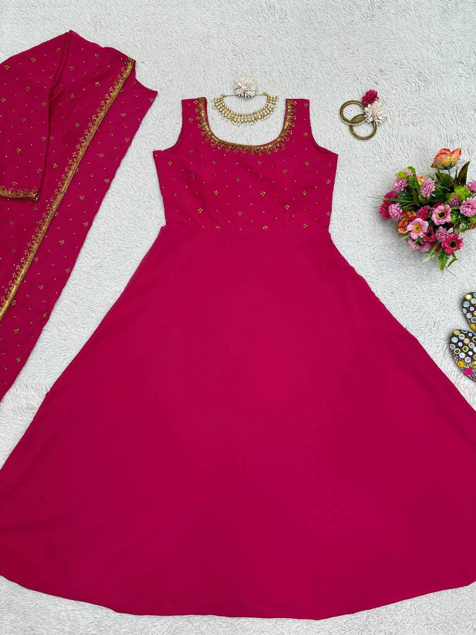 Beautiful Georgette Fabric Thread Work Gown With Shrug