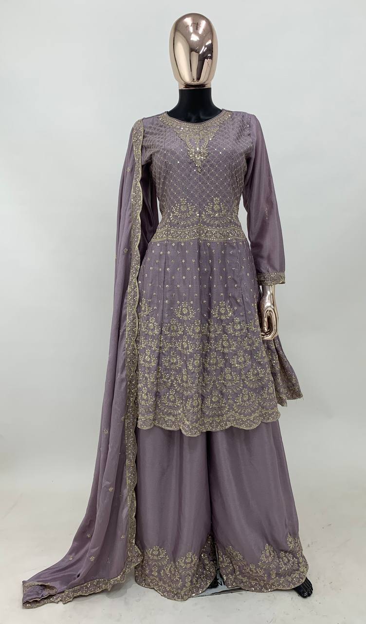 Purple Color Chinon Embroidered Fully Stitched Sharara Suit