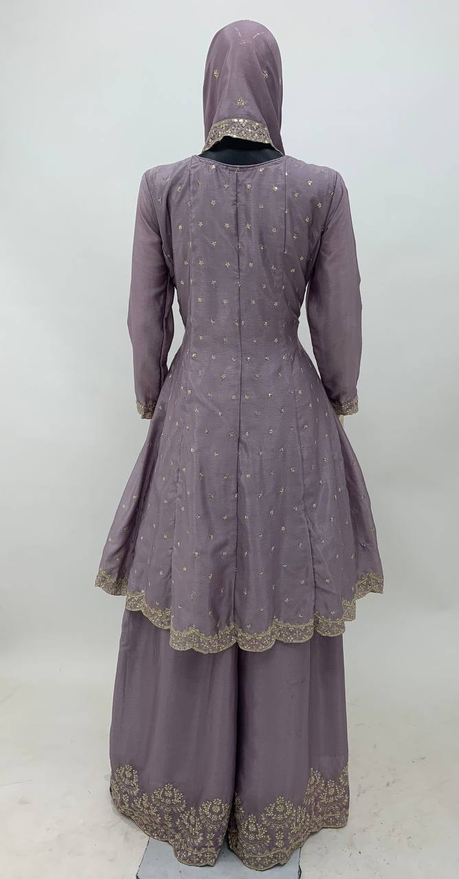 Purple Color Chinon Embroidered Fully Stitched Sharara Suit