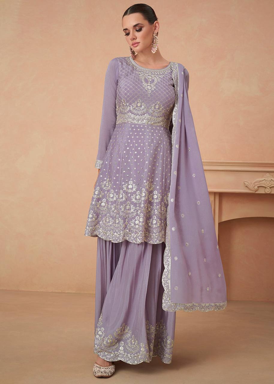 Purple Color Chinon Embroidered Fully Stitched Sharara Suit