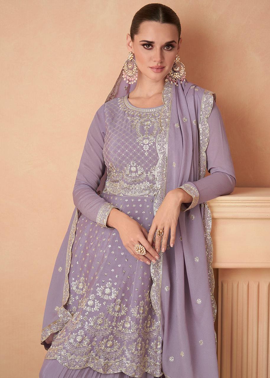 Purple Color Chinon Embroidered Fully Stitched Sharara Suit