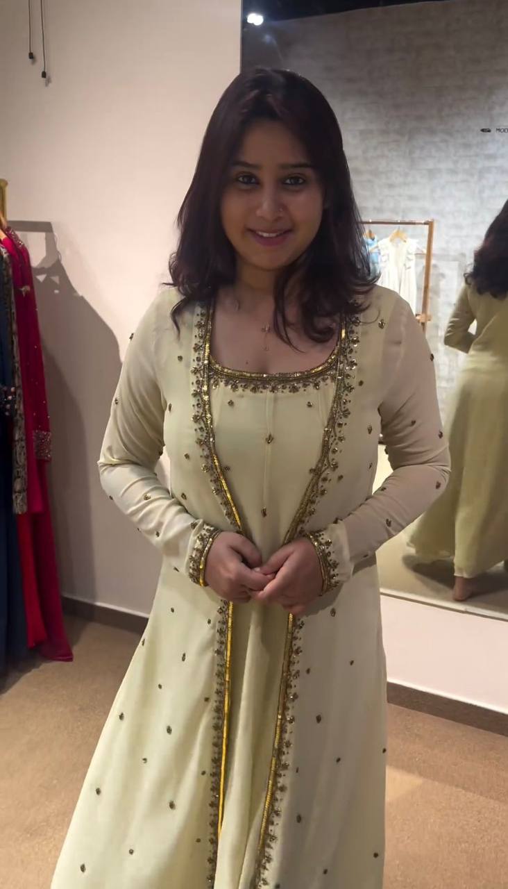 Beautiful Georgette Fabric Thread Work Gown With Shrug