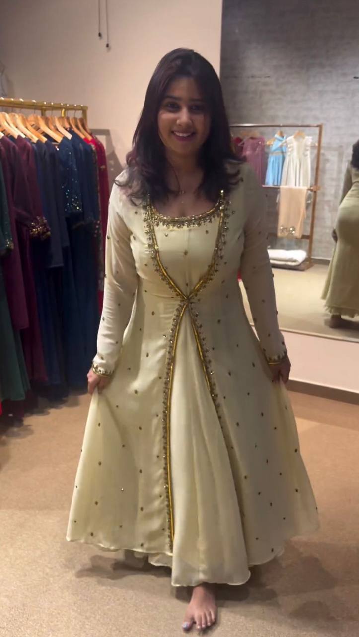 Beautiful Georgette Fabric Thread Work Gown With Shrug