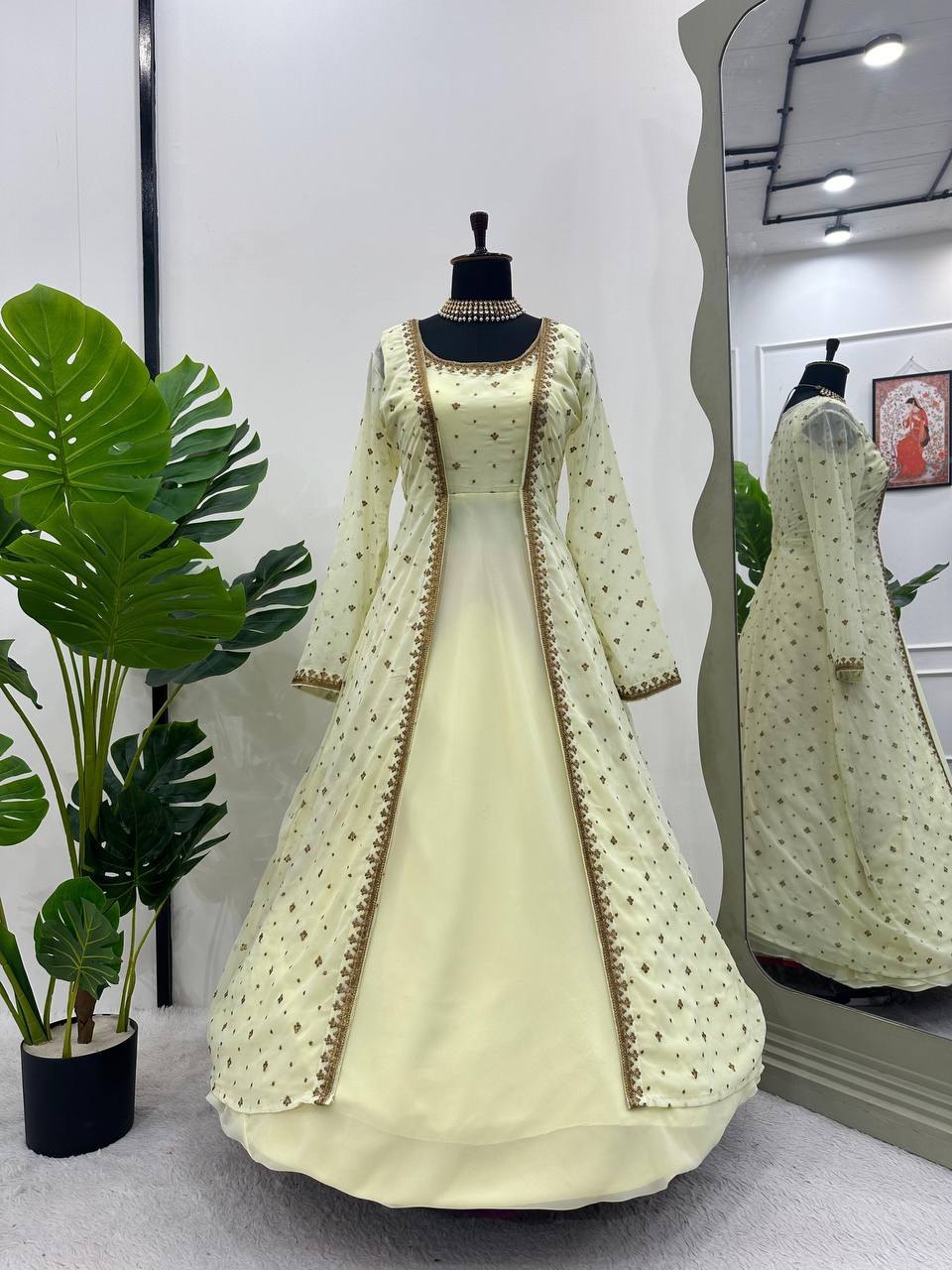 Beautiful Georgette Fabric Thread Work Gown With Shrug