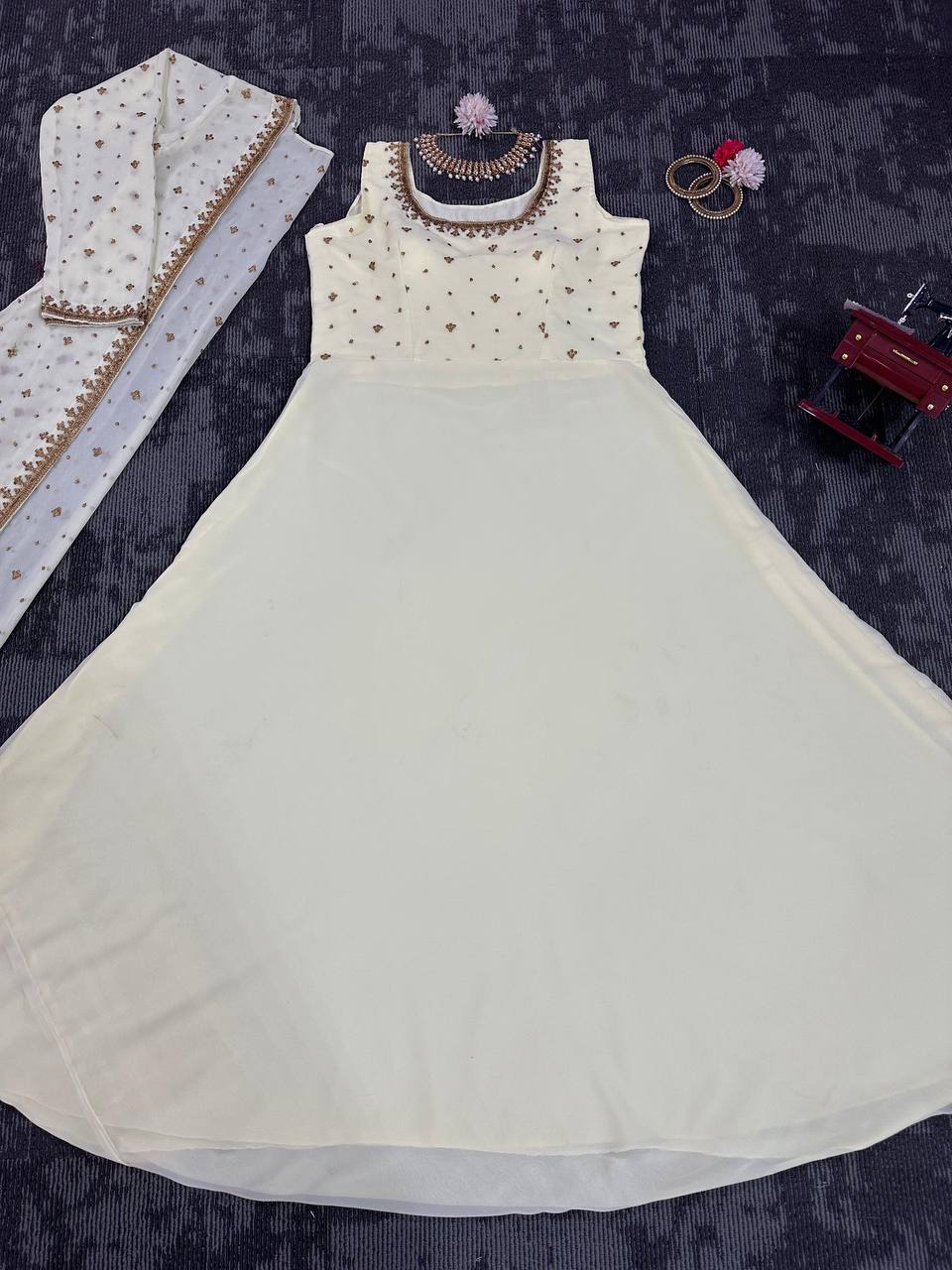 Beautiful Georgette Fabric Thread Work Gown With Shrug