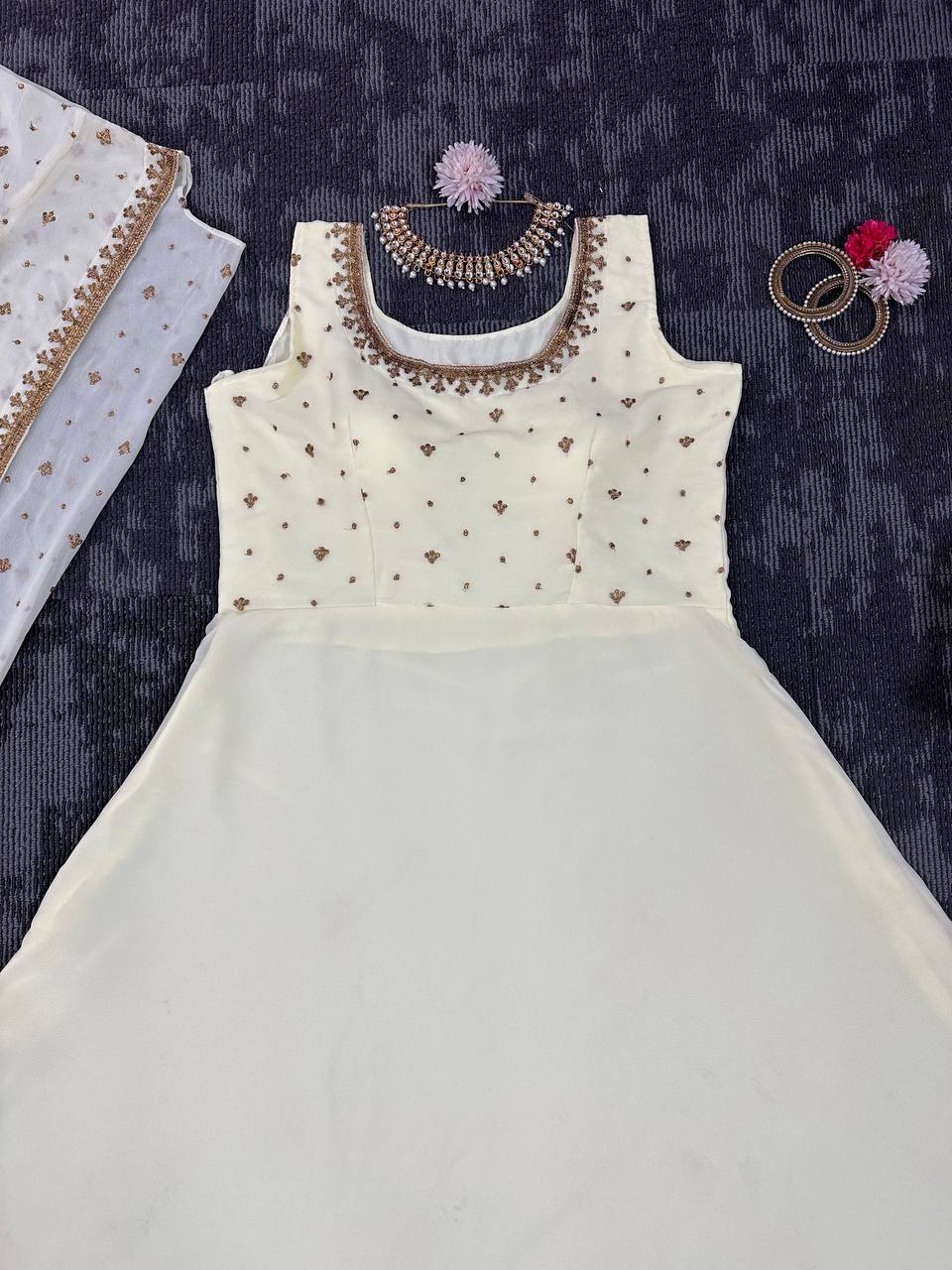 Beautiful Georgette Fabric Thread Work Gown With Shrug