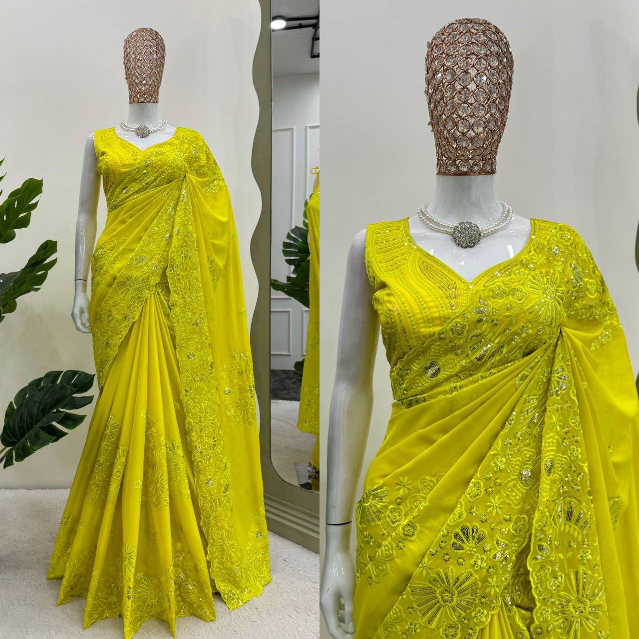 Designer Haldi Function Wear Yellow Colour Tabby Silk Saree