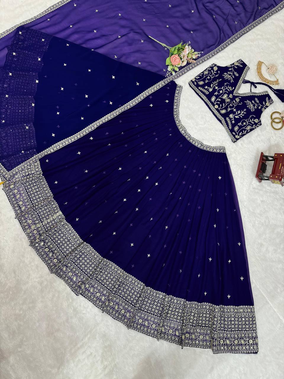 Beautiful Blue Colour Georgette Fabric Thread Work Lehenga Choli