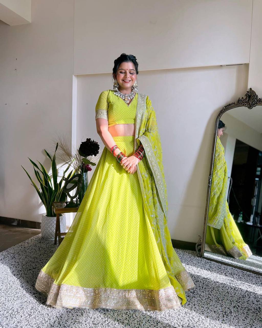 Designer Apple Green Colour Georgette Fabric Digital Print Work Lehenga Choli