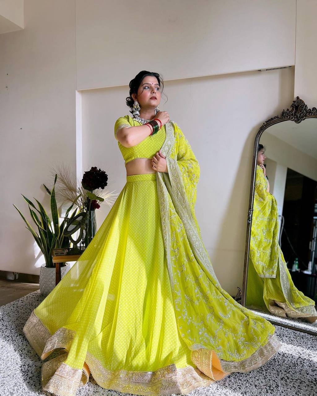 Designer Apple Green Colour Georgette Fabric Digital Print Work Lehenga Choli
