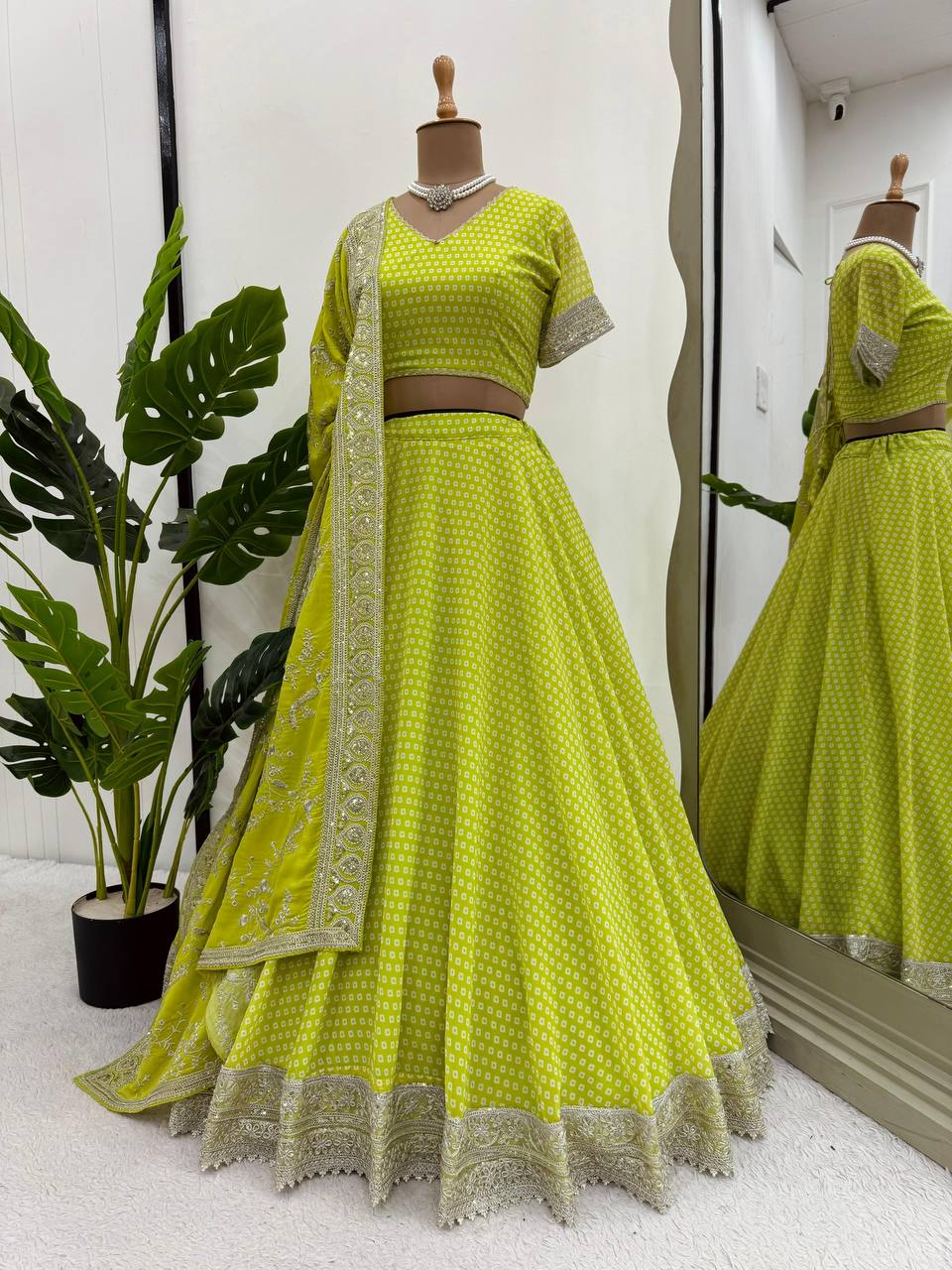 Designer Apple Green Colour Georgette Fabric Digital Print Work Lehenga Choli