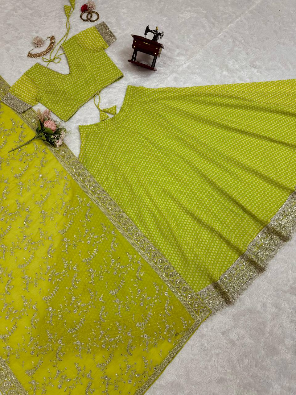 Designer Apple Green Colour Georgette Fabric Digital Print Work Lehenga Choli