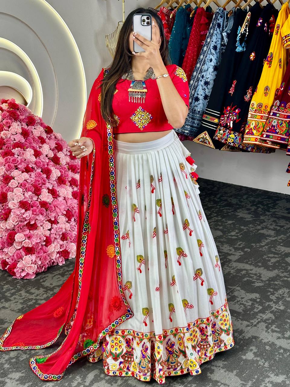 Designer Reyon Fabric Real Mirror Work Lehenga Choli With Dupatta Navratri Wear