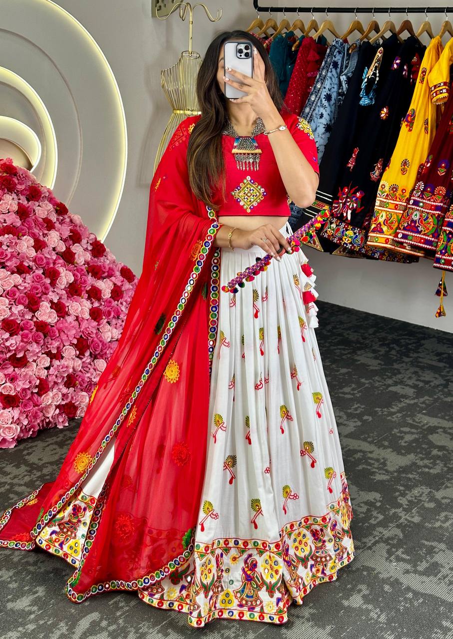 Designer Reyon Fabric Real Mirror Work Lehenga Choli With Dupatta Navratri Wear
