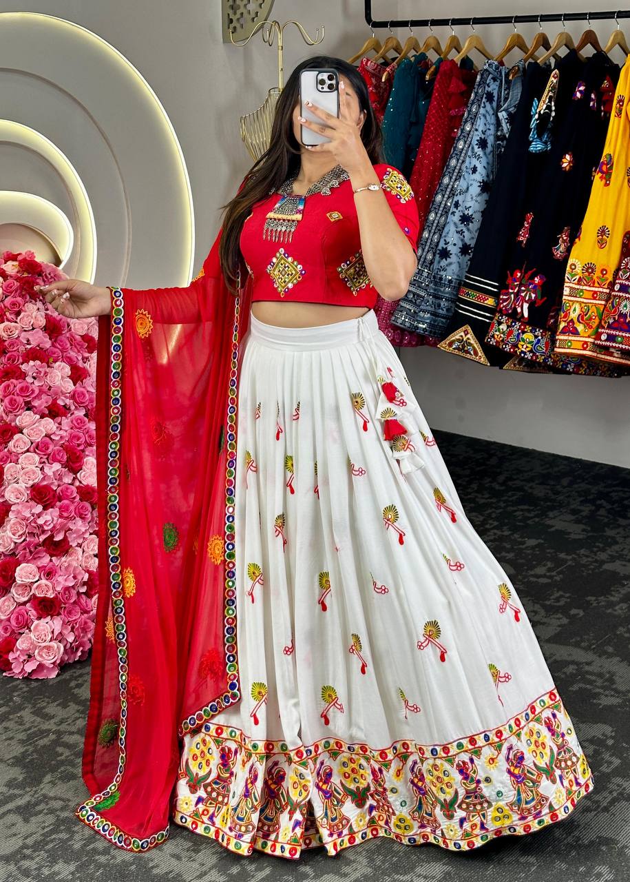 Designer Reyon Fabric Real Mirror Work Lehenga Choli With Dupatta Navratri Wear