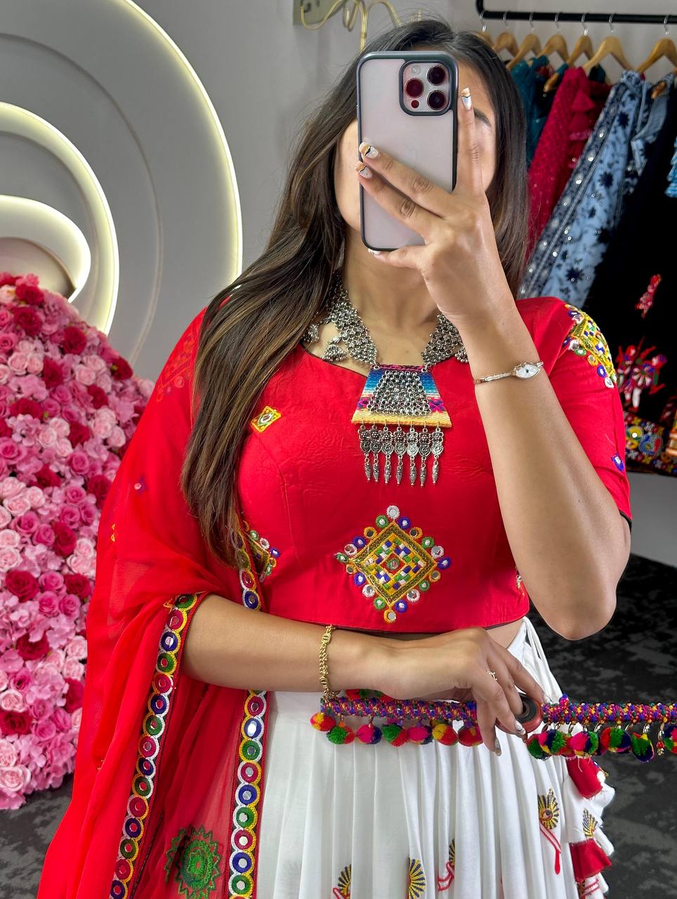 Designer Reyon Fabric Real Mirror Work Lehenga Choli With Dupatta Navratri Wear