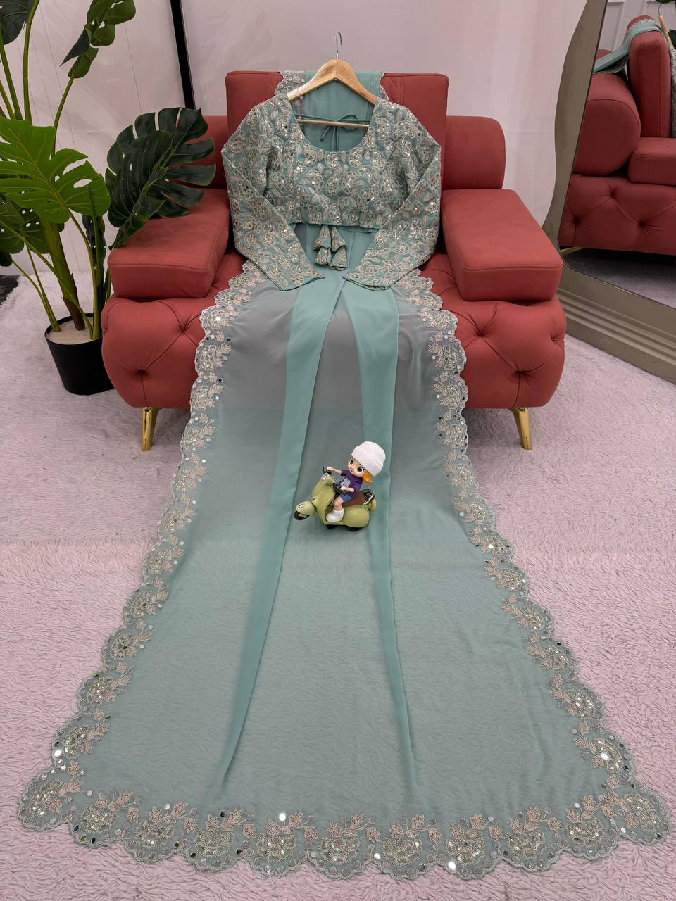 Attractive Georgette Fabric Coding And Sequnce With Real Mirror Work Saree