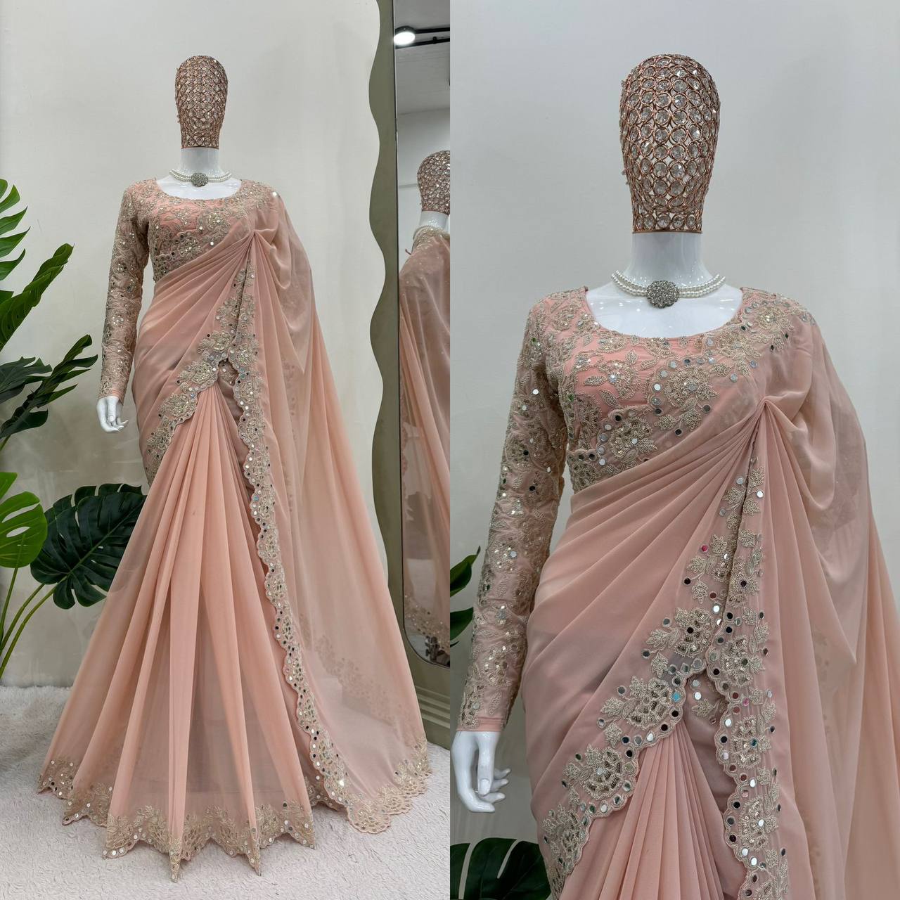 Attractive Georgette Fabric Coding And Sequnce With Real Mirror Work Saree