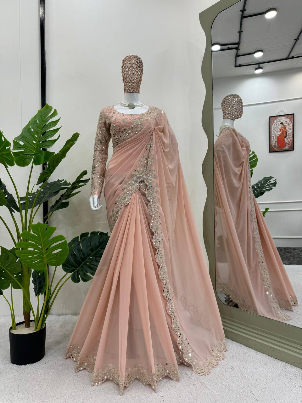Attractive Georgette Fabric Coding And Sequnce With Real Mirror Work Saree