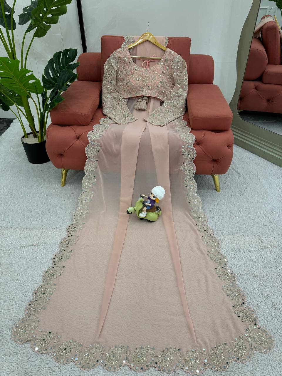 Attractive Georgette Fabric Coding And Sequnce With Real Mirror Work Saree