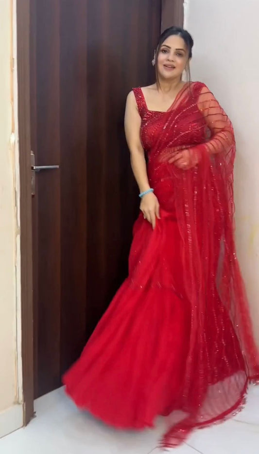 Red Color Ready To Wear Sequence Work Lehengha Saree